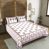 Palm Paradise Heritage 100% Cotton Double Bedsheet - Pink & Green Tropical Print with 2 Pillow Covers